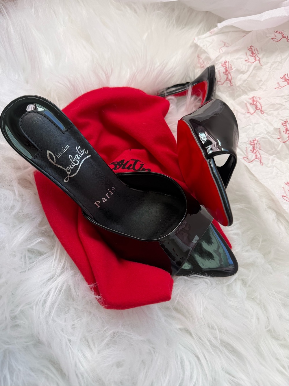 Christian Louboutin Black Patent Pointed Mule with Red Sole size 9 8cm heels